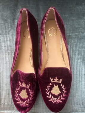 C. Wonder Burgundy Velvet Loafers with Gold Embroidered Crest
